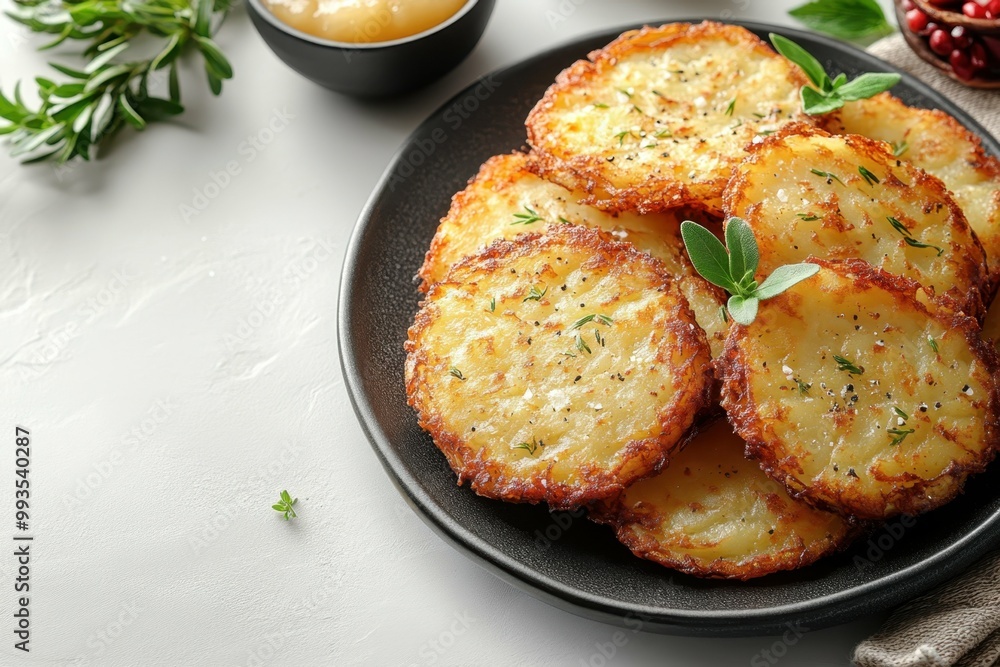 Crispy potato latkes served with applesauce, placed on the right side of a clean white table, professional overhead shot. Crispy potato latkes served with applesauce, placed on the right side of a clean white table, professional overhead shot.