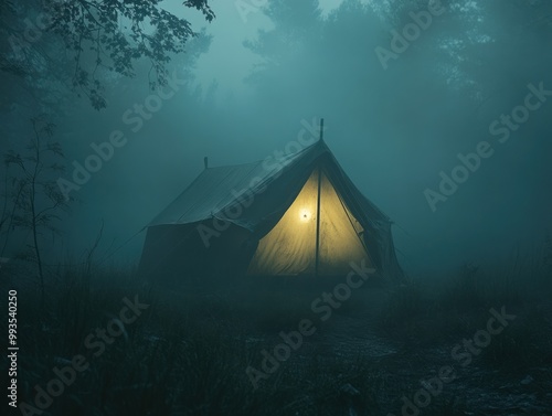 tourist tent in the middle of a mystical night forest