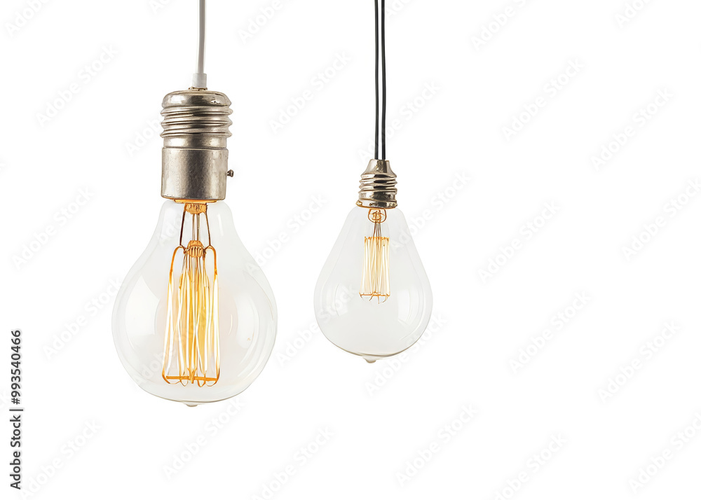 Turned on retro style electric light bulb hanging on cord on white background. Turned on retro style electric light bulb hanging on cord on white background.