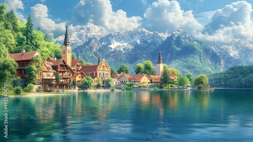 Picturesque lakeside town with snow-capped mountains, crystal clear turquoise water, charming European architecture, lush green trees, reflections on calm lake surface.