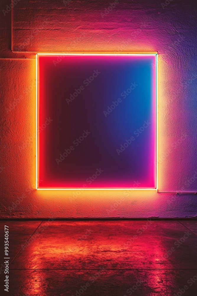 A neon-lit wall with a glowing electric frame, the blank center illuminated by vibrant colors. A neon-lit wall with a glowing electric frame, the blank center illuminated by vibrant colors.