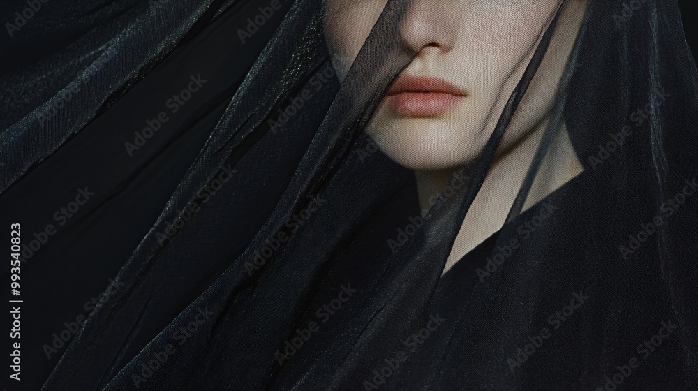 A dark-tone portrait of a woman partially obscured. A dark-tone portrait of a woman partially obscured.