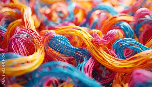 A close-up of vibrant, intertwined strands resembling plastic or rubber. The bright colors and intricate details make this image ideal for abstract design, texture, or material concepts.. AI