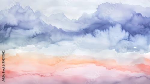 Serene Watercolor Landscape: Dreamy Hues of Peach, Lavender, and Blue. Abstract art print, wall art, home decor. Soft pastel colors evoke tranquility and peace