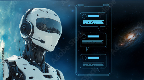 a robot call center agent wearing a headset with microphone interacting with online chat, outer space background photo