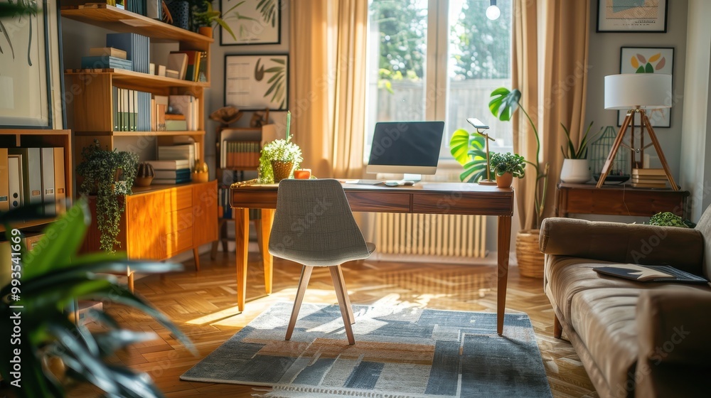 Modern Cozy Home Office Setup in Living Room for Convenient Work from Home Environment Modern Cozy Home Office Setup in Living Room for Convenient Work from Home Environment