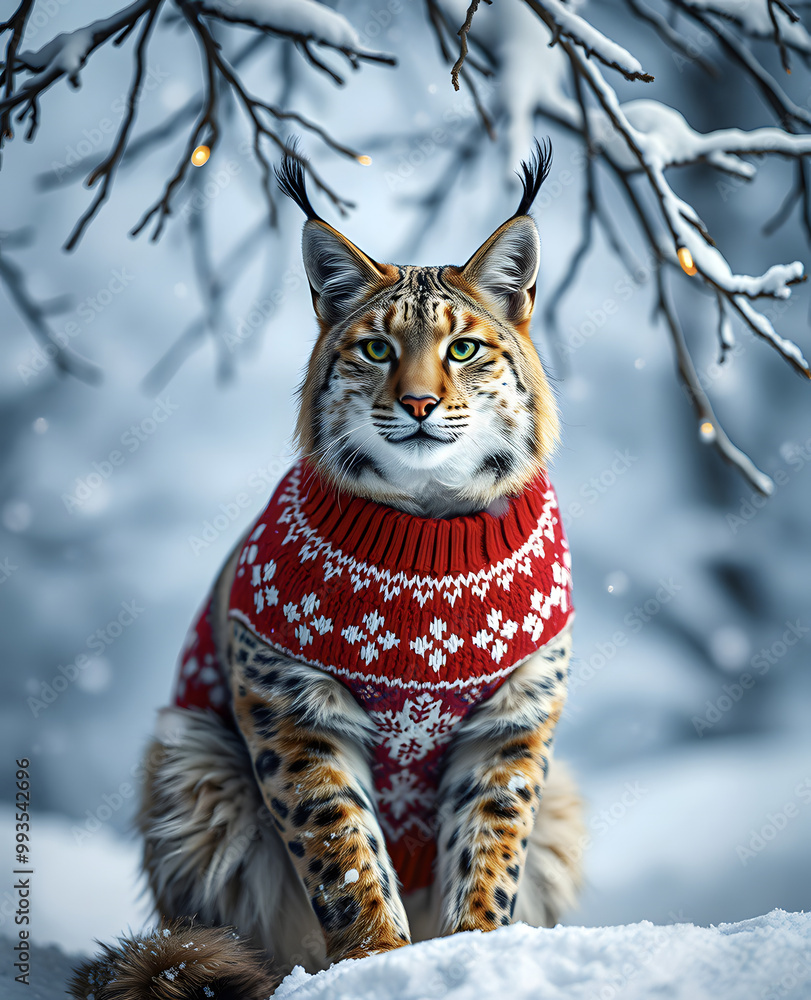 Obraz premium Lynx in a festive sweater sits under a Christmas tree with snow in the background, studio shot with crisp details suitable for album covers, editorial photography.