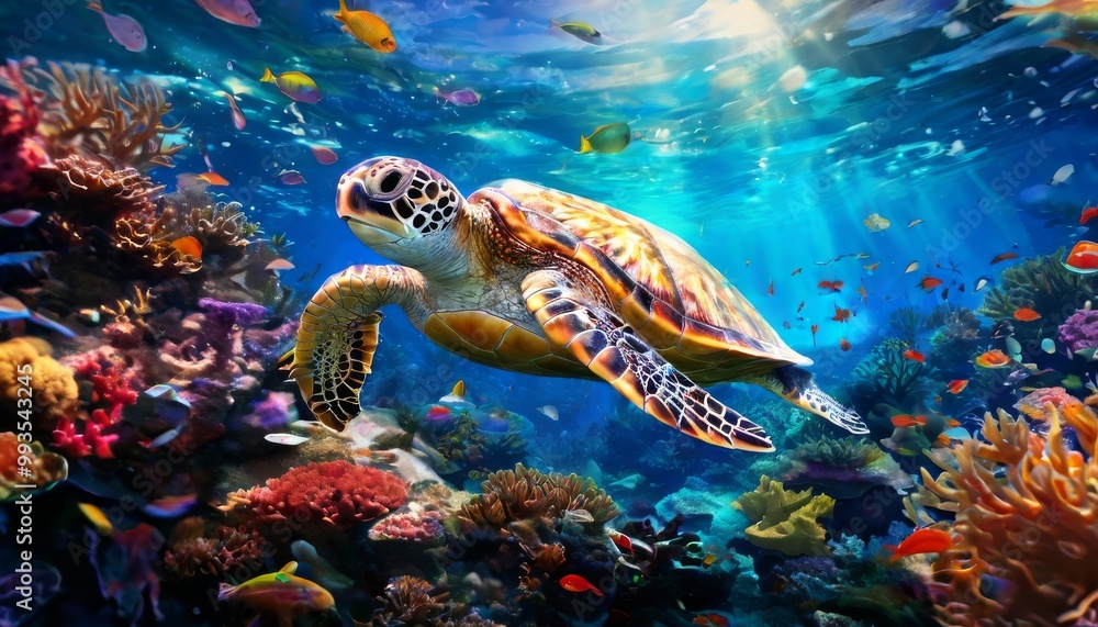 A vibrant underwater scene featuring a sea turtle gliding through colorful coral reefs. Sunlight filters through the water, illuminating the rich marine life and creating a peaceful, natural A vibrant underwater scene featuring a sea turtle gliding through colorful coral reefs. Sunlight filters through the water, illuminating the rich marine life and creating a peaceful, natural