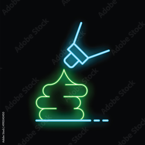 Glowing neon line icon of ointment squeezing out of tube for treating hemorrhoids isolated on a black background