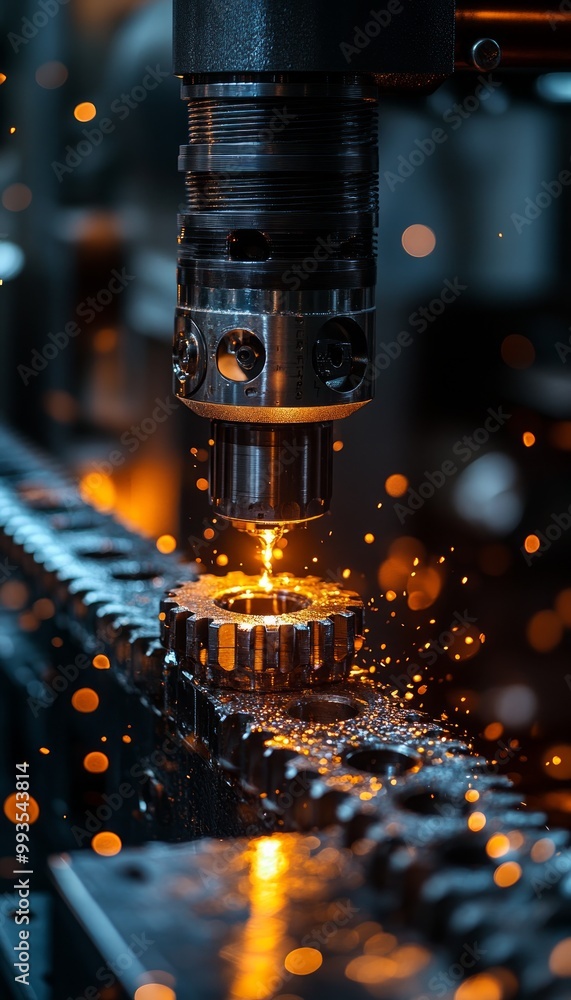 A close-up of a machine tool cutting a gear, creating sparks. A close-up of a machine tool cutting a gear, creating sparks.