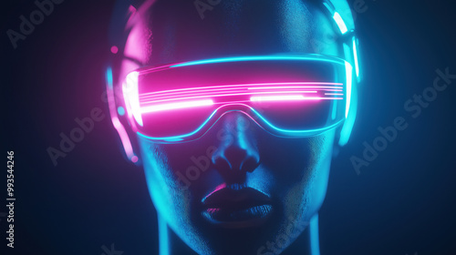 Futuristic cyber glasses with neon lights in a dark background