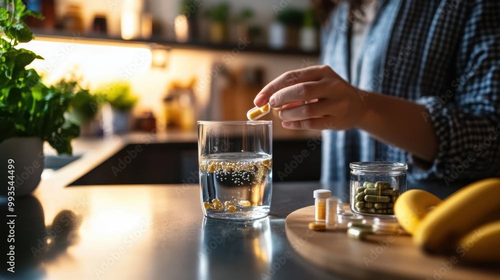 a person taking a cold medicine pill with a glass of water, sitting at a kitchen table with herbal remedies in the background a person taking a cold medicine pill with a glass of water, sitting at a kitchen table with herbal remedies in the background