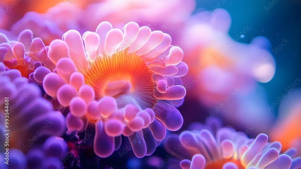 Vibrant sea anemones underwater, macro photography, bioluminescent centers, colorful tentacles in shades of orange, purple, and pink, bright turquoise background. Vibrant sea anemones underwater, macro photography, bioluminescent centers, colorful tentacles in shades of orange, purple, and pink, bright turquoise background.