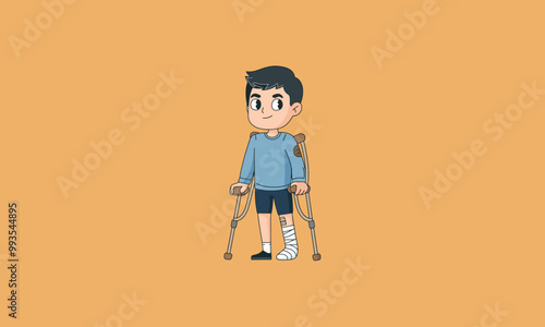 Boy with crutches and bandaged leg, recovering from injury.