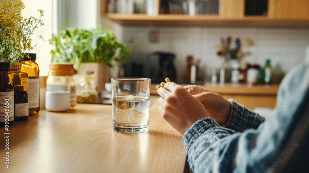 a person taking a cold medicine pill with a glass of water, sitting at a kitchen table with herbal remedies in the background a person taking a cold medicine pill with a glass of water, sitting at a kitchen table with herbal remedies in the background