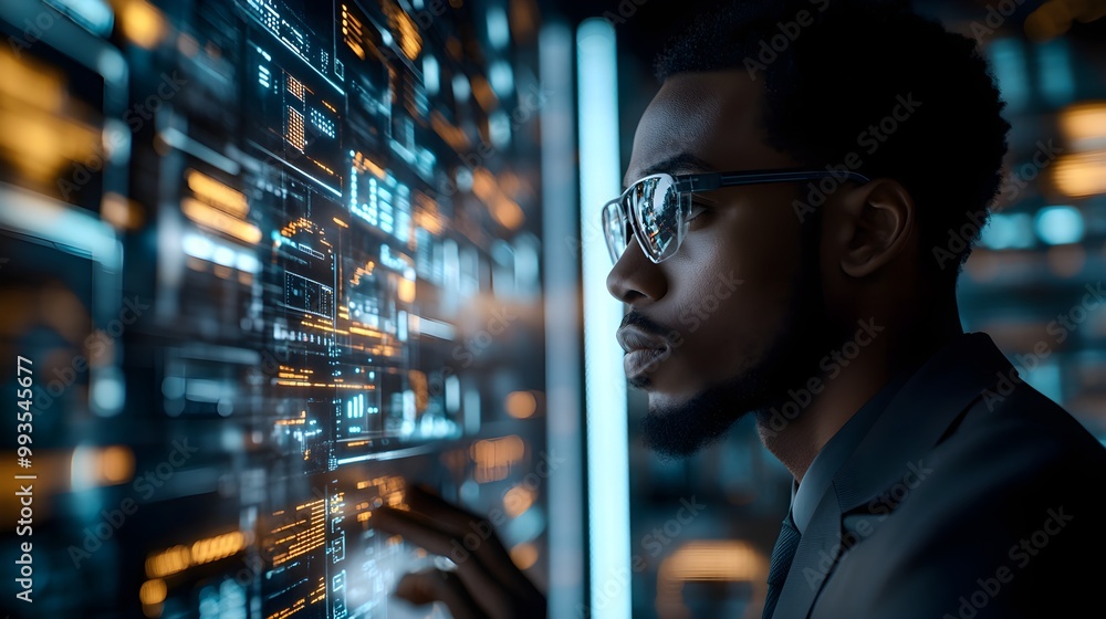 IT professional scanning AI holograms of security breaches, African American, sleek black suit, glowing augmented reality screens, data streaming in background, sci-fi style IT professional scanning AI holograms of security breaches, African American, sleek black suit, glowing augmented reality screens, data streaming in background, sci-fi style