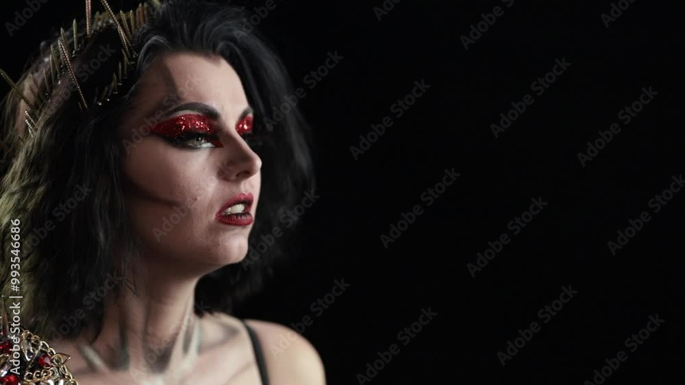 woman dancing and singing a song in a studio on a black background, stage makeup in a brutal style woman dancing and singing a song in a studio on a black background, stage makeup in a brutal style