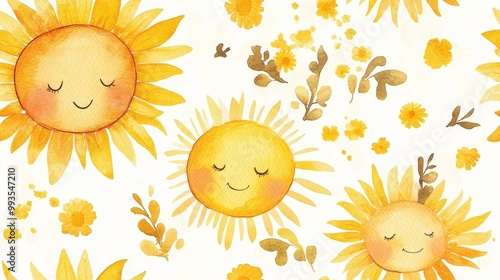 Wallpaper Mural Adorable sun and baby seamless pattern in watercolor style. Soft, playful design with cute sunshine theme, perfect for kids’ products, nursery decor, and children’s textiles. Torontodigital.ca