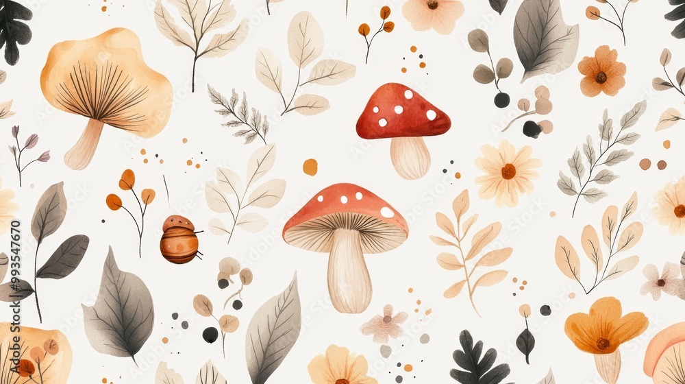 Soft color illustrations full of childlike charm, featuring delicate natural elements such as mushrooms, leaves, berries, and cute little snails. Soft color illustrations full of childlike charm, featuring delicate natural elements such as mushrooms, leaves, berries, and cute little snails.