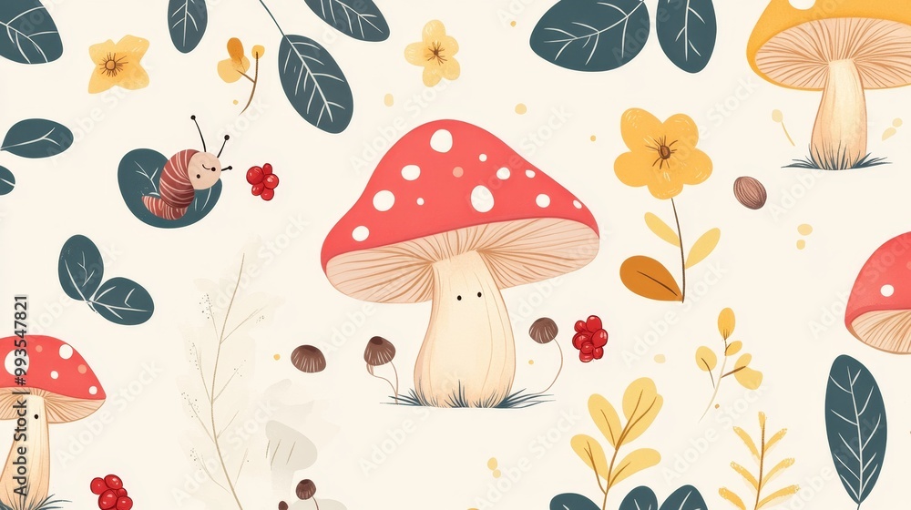 Soft color illustrations full of childlike charm, featuring delicate natural elements such as mushrooms, leaves, berries, and cute little snails. Soft color illustrations full of childlike charm, featuring delicate natural elements such as mushrooms, leaves, berries, and cute little snails.