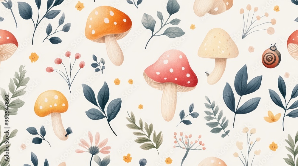 Soft color illustrations full of childlike charm, featuring delicate natural elements such as mushrooms, leaves, berries, and cute little snails. Soft color illustrations full of childlike charm, featuring delicate natural elements such as mushrooms, leaves, berries, and cute little snails.