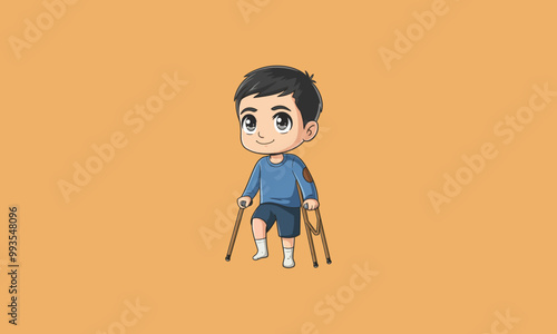 Boy with crutches and bandaged leg, recovering from injury.