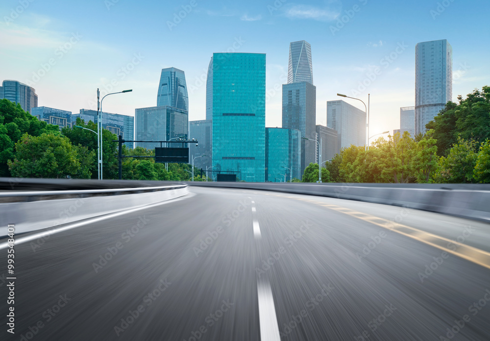 Dynamically blurred highways and the skyline of Hangzhou, China