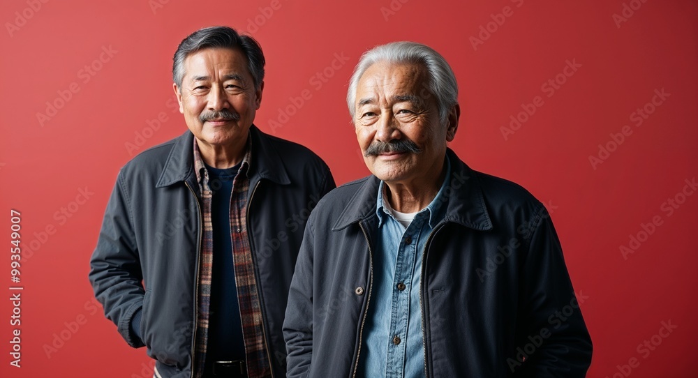 Obraz premium Confident elderly Asian man with mustache wearing casual jacket on plain red background