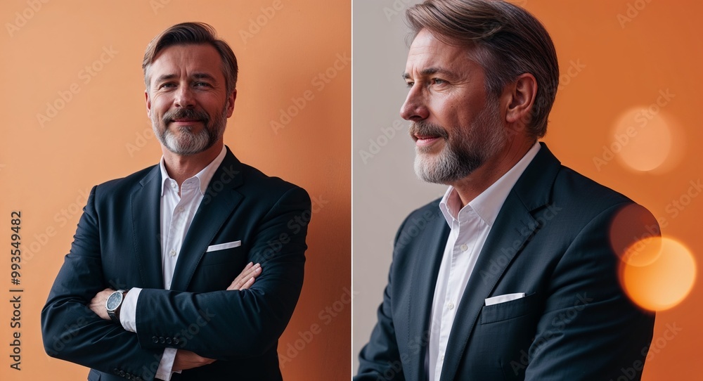 Confident middleaged Caucasian man with beard wearing suit on plain navy blue background Confident middleaged Caucasian man with beard wearing suit on plain navy blue background