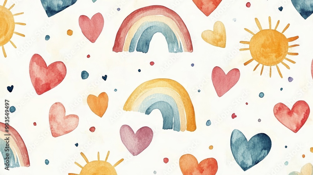 Enchanting watercolor with soft and seamless patterns, featuring hearts, rainbows, and suns in soft tones. Very suitable for baby room decoration, children's products, and women's design Enchanting watercolor with soft and seamless patterns, featuring hearts, rainbows, and suns in soft tones. Very suitable for baby room decoration, children's products, and women's design