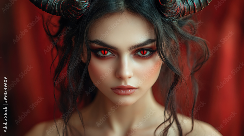 Naklejka premium A young woman dressed as a devil at a Halloween party