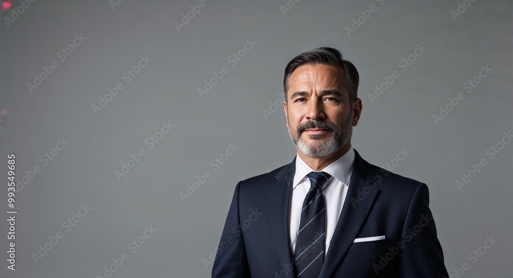 Confident middleaged Hispanic man with beard wearing leather jacket on plain dark blue background Confident middleaged Hispanic man with beard wearing leather jacket on plain dark blue background