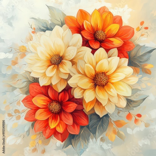 Bright flowy dahlia flowers in fire colors with plenty of negative space