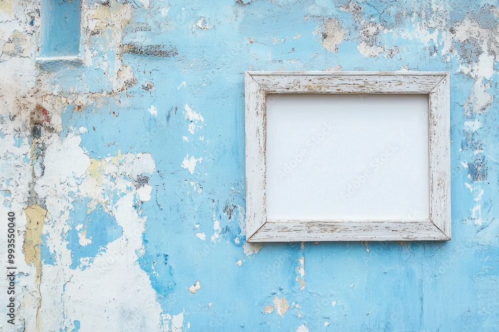 Naklejka premium A pale blue wall with a whitewashed wooden frame, the blank center blending gently into the background 