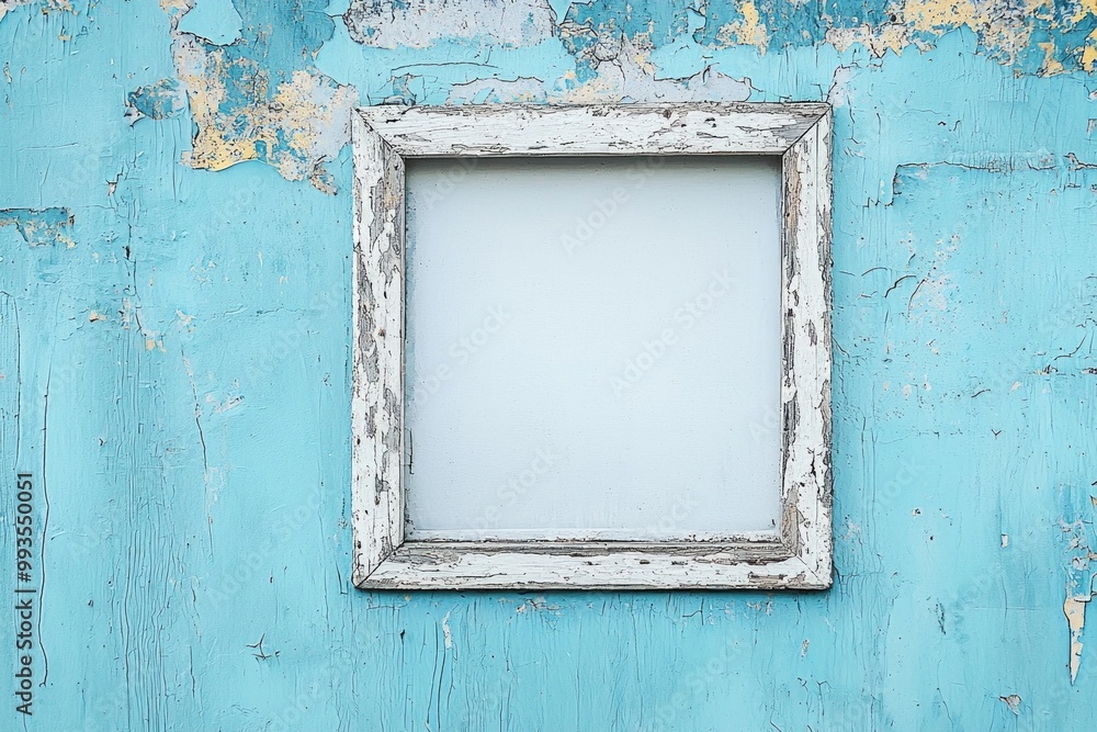 A pale blue wall with a whitewashed wooden frame, the blank center blending gently into the background A pale blue wall with a whitewashed wooden frame, the blank center blending gently into the background