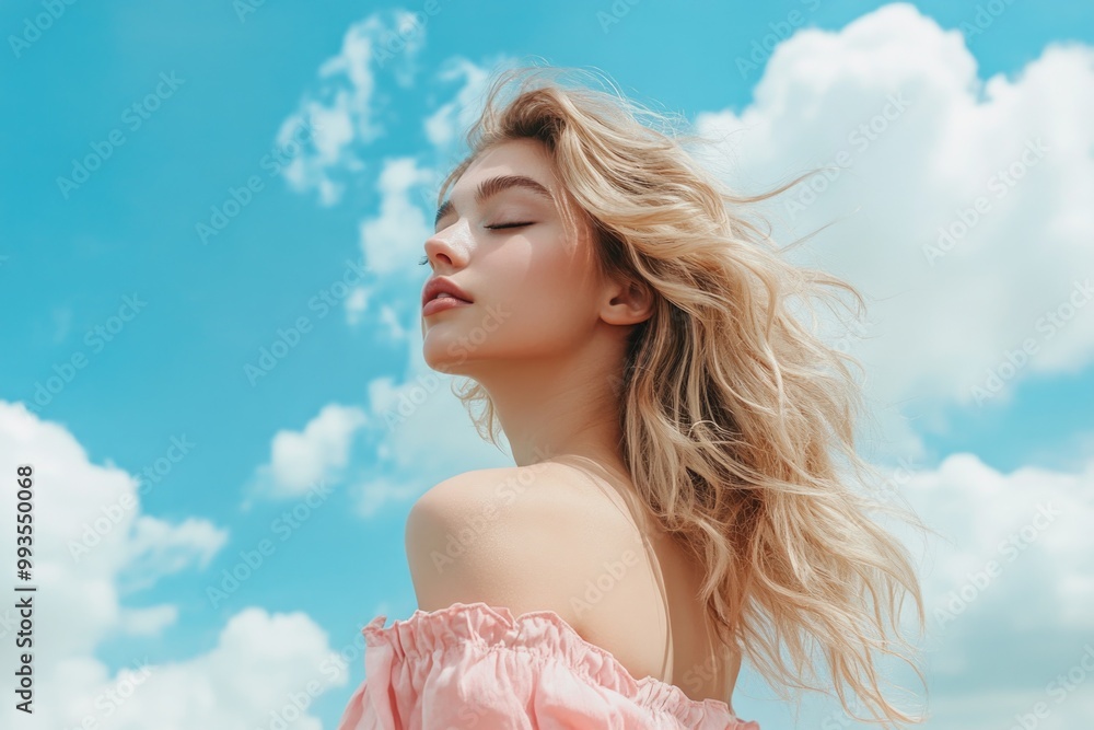 A beautiful, blonde woman under a blue sky. A beautiful, blonde woman under a blue sky.