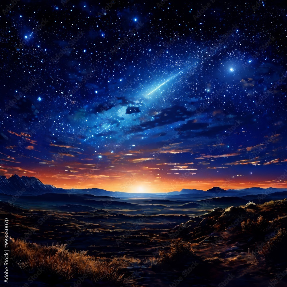 Fototapeta premium A breathtaking night sky filled with stars and a brilliant meteor streaking across the horizon, illuminating the peaceful landscape below. The warm hues of twilight blend into the deep blues of night