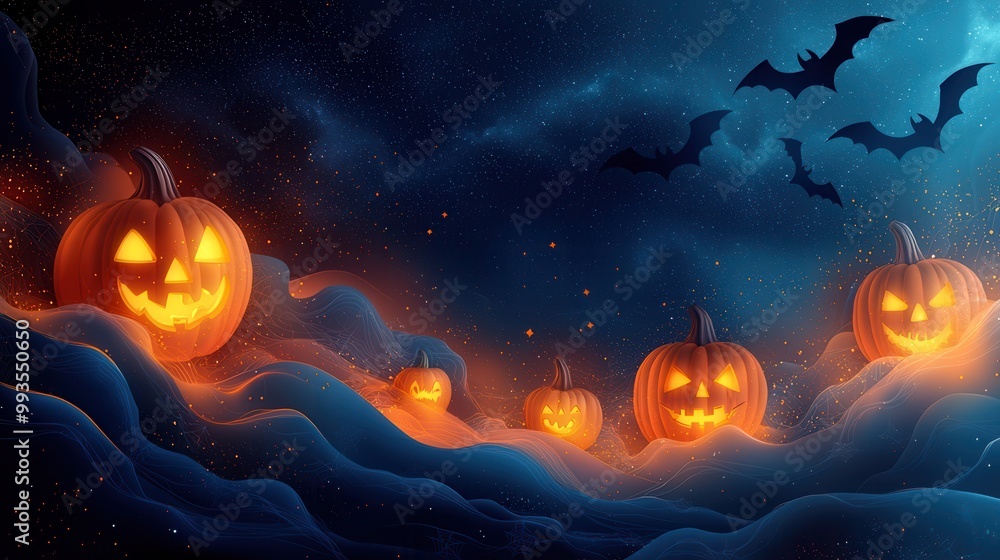 Fototapeta premium Spooky Halloween Night with Glowing Pumpkins and Bats