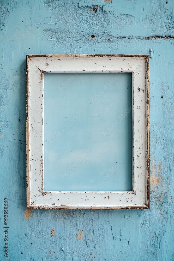 A pale blue wall with a whitewashed wooden frame, the blank center blending gently into the background A pale blue wall with a whitewashed wooden frame, the blank center blending gently into the background