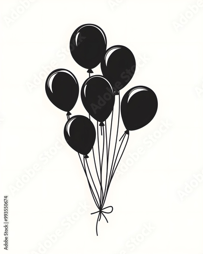 Cute black linear doodle floating balloons isolated on white background