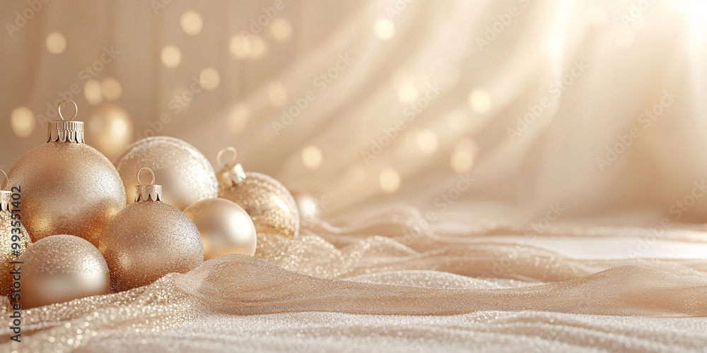 Golden Ornaments on Glittering Holiday Display Golden Ornaments on Glittering Holiday Display