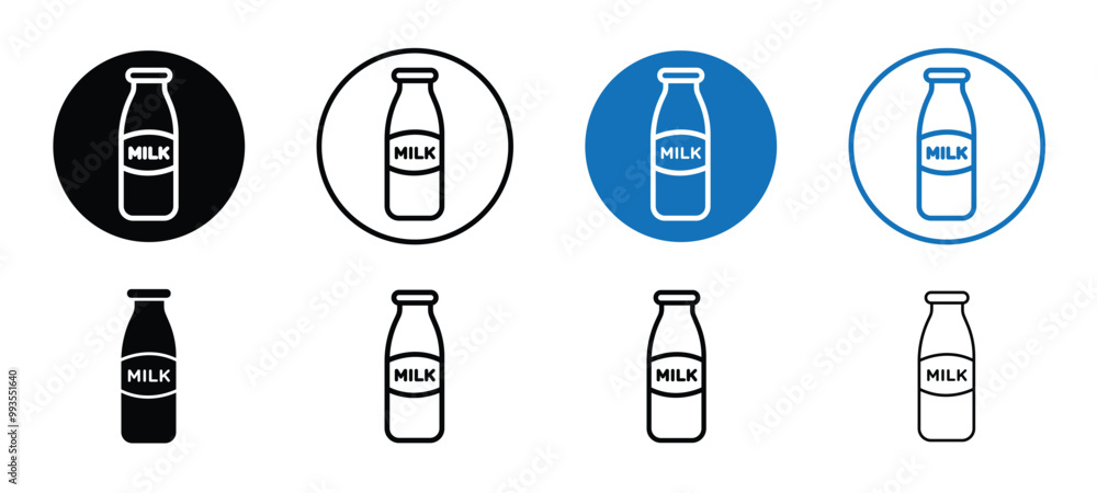 Milk bottle icon set in eight different editable styles in a row, The bottles are black, blue, white, and red Milk bottle icon set in eight different editable styles in a row, The bottles are black, blue, white, and red