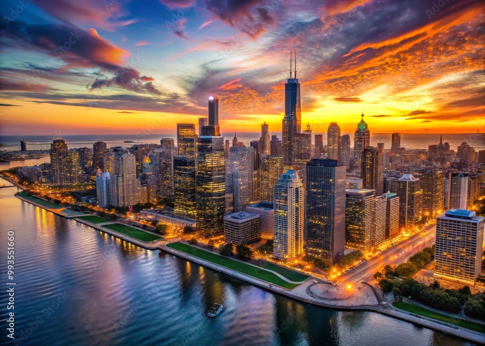 Obraz premium Stunning Chicago Skyline at Sunset with Vibrant Colors Reflected on the Water and City Lights Shining