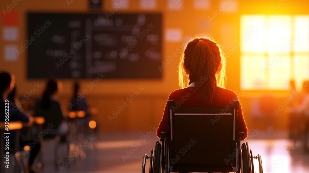 Happy disabled schoolgirl in a wheelchair, smiling in a bright, inclusive classroom with diverse students around, warm sunlight illuminating the space, Digital Illustration, Vibrant, High Detail Happy disabled schoolgirl in a wheelchair, smiling in a bright, inclusive classroom with diverse students around, warm sunlight illuminating the space, Digital Illustration, Vibrant, High Detail
