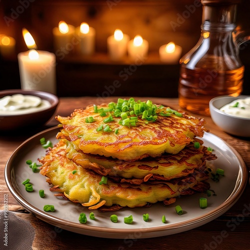 Crispy Golden Latkes with Fresh Chives and Steaming Hot photo