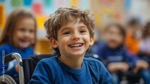 Happy disabled children in wheelchairs interacting with peers during a group lesson in an inclusive rehab daycare, fostering understanding and inclusion