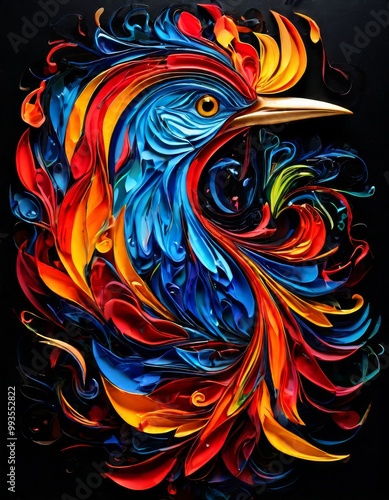 A striking digital illustration of a bird adorned with vibrant, multicolored swirling feathers. The contrasting colors and intricate feather details bring life to the composition, making it visually