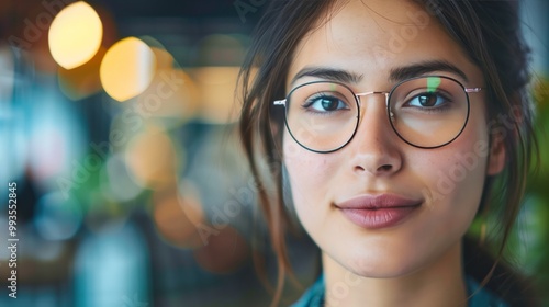 Close-Up Portrait of a Young Woman with Glasses in a Modern Setting