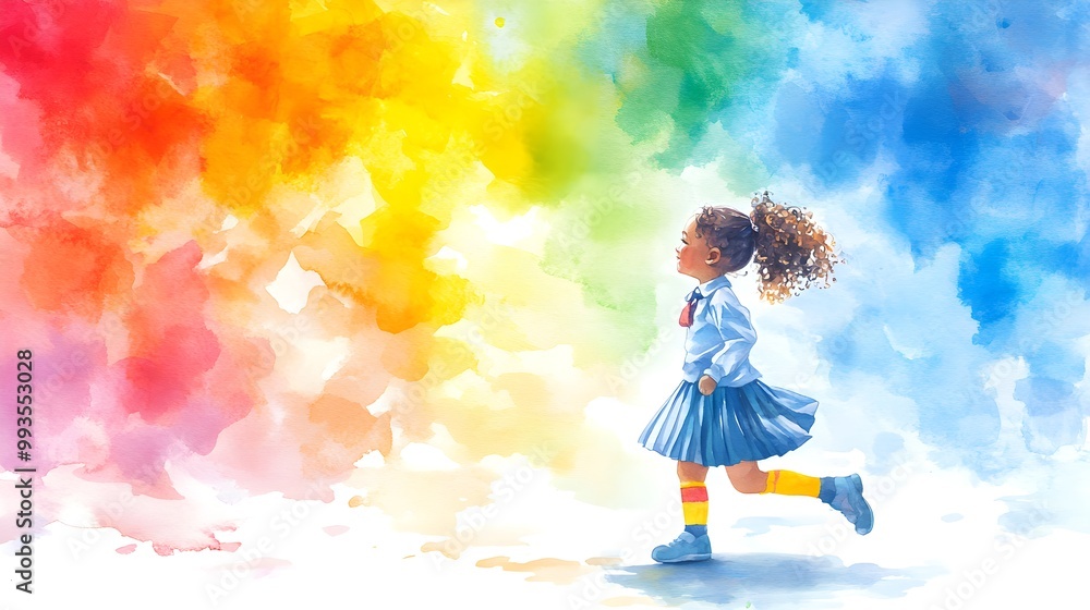 Fototapeta premium Happy young girl with curly hair in school uniform, running to the bus stop, a rainbow-colored sky in the background. Watercolor style, bright and uplifting, childhood innocence