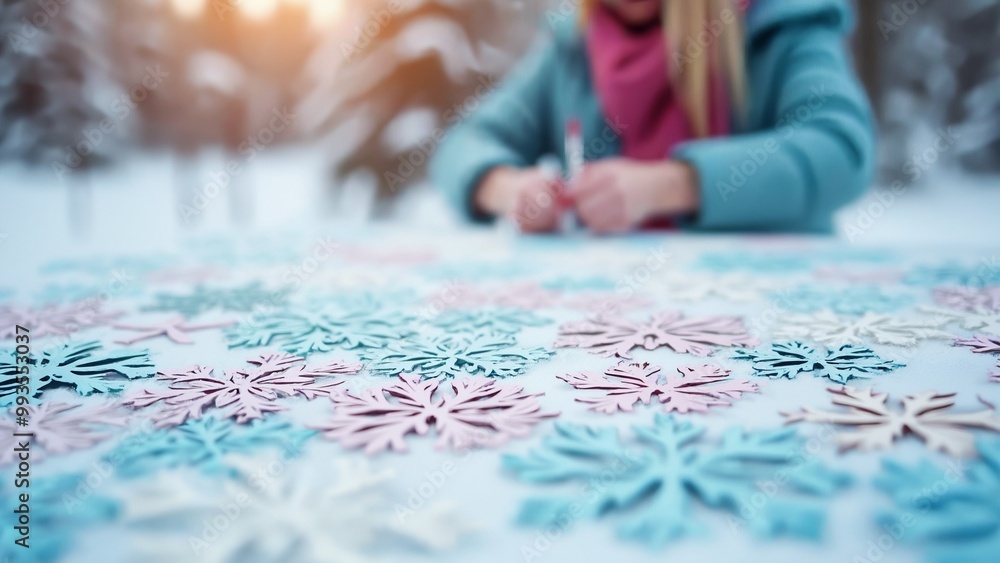 Creative person crafting colorful snowflakes in a snowy landscape, winter art project with warm sunlight Creative person crafting colorful snowflakes in a snowy landscape, winter art project with warm sunlight